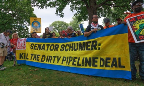 Demonstrators gather near the US Capitol in Washington DC earlier this month to protest against the Mountain Valley pipeline and the Schumer-Manchin deal.