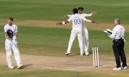 Indian players celebrate after winning the second Test match against England.