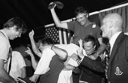 Ted Turner being carried off by his crew in Newport, Rhode Island, after his yacht Courageous won the America’s Cup in 1977.