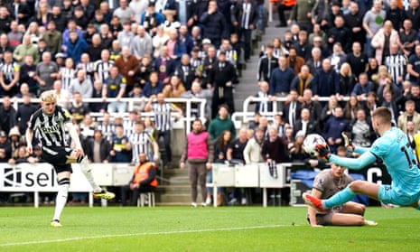 Newcastle United’s Anthony Gordon scores his side’s second goal of the game during the Premier League match against Tottenham Hotspur.