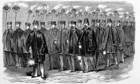 black and white drawing of men in capes