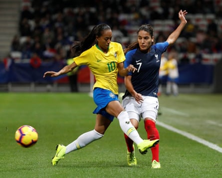 France’s Amel Majri in action with Brazil’s Adriana Leal da Silva at the Stade de Nice.