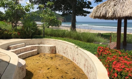 A leaf-filled pool at Nicaragua’s now abandoned premier resort, Mukul, which closed in June.