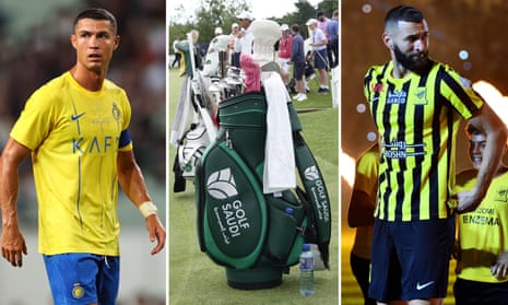Left and right, Cristiano Ronaldo and Karim Benzema now play for Saudi football teams; centre, the country is now the arguably the most influential force in golf.