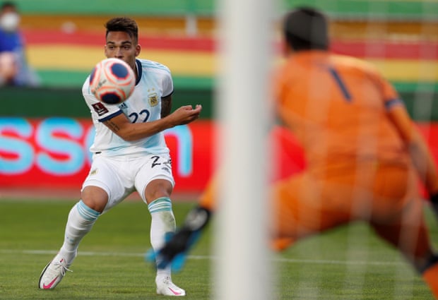 Lautaro Martínez in action for Argentina against Bolivia. He scored their first goal and set up the second.