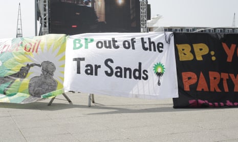 A protest outside the 2015 BP AGM. BP is continuing to search for more oil even though scientists are clear that we can’t burn most of the reserves we already know about. 