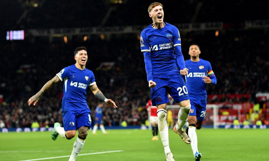Cole Palmer celebrates after neatly placing his shot for Chelsea’s equaliser. Photograph: Peter Powell/EPA