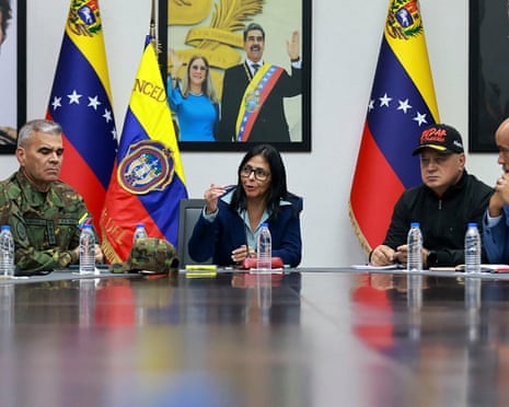 Venezuelan acting president Delcy Rodriguez (C) beside Vladimir Padrino (L) and Diosdado Cabello during the council of ministers meeting in Caracas on Sunday