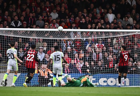 Bournemouth's Evanilson shoots over the bar.