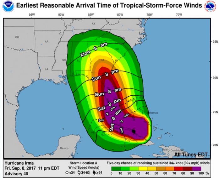 Earliest arrival times in Florida of tropical storm-force winds of Hurricane Irma