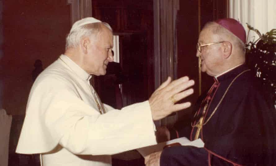 James Hogan, John Paul IIThis undated photo shows Bishop James Hogan, right, and Pope John Paul II in Rome. Hogan and Joseph Adamec, two Roman Catholic bishops who led a Pennsylvania diocese, helped cover up the sexual abuse of hundreds of children by over 50 priests or religious leaders over a 40-year period, according to a grand jury report issued Tuesday, March 1, 2016. (Altoona Mirror via AP) MANDATORY CREDIT