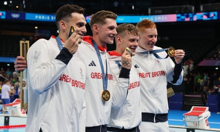 Britain’s gold medal men’s 4x200-metre freestyle relay team from left: Duncan Scott, James Guy, Matthew Richards and Tom Dean.