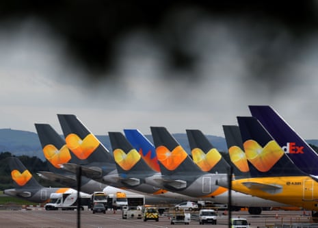 Scores of Thomas Cook planes are now parked on the tarmac at Manchester Airport in Manchester.