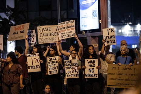 Israeli protesters stage a demonstration demanding an end of Israeli army’s attacks on Gaza and prisoner exchange in Tel Aviv, Israel on November 11, 2023.
