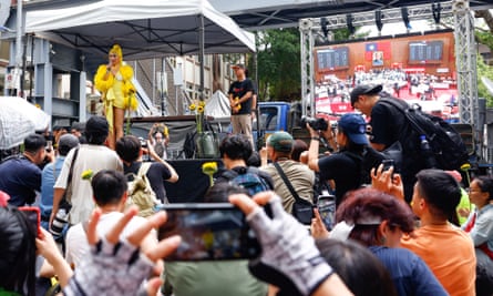 Drag queen Nymphia Wind makes a speech to show her support of the protesters.