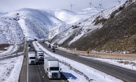 Truckers drive State Route 58 across the southern Sierra Nevada Mountains, near Mojave, California.