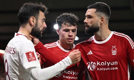 Felipe grabs Bruno Fernandes round the neck during Nottingham Forest’s FA Cup defeat by Manchester United.