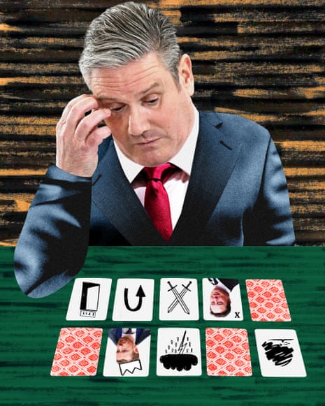 Illustration showing Keir Starmer looking at playing cards.