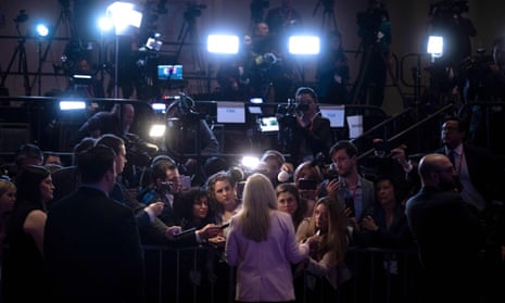 Spotlight on MTG.US Representative Marjorie Taylor Greene (Center with back to camera), Republican of Georgia, speaks to reporters during the 2023 Conservative Political Action Coalition (CPAC) Conference.