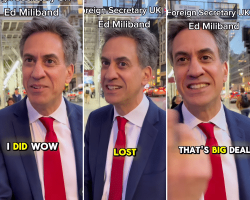 Ed Miliband talking on a city street in three panels