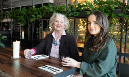 June and Shelby sitting at a restaurant tabl