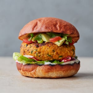 Anna Jones’ roast carrot burger with avocado salsa.