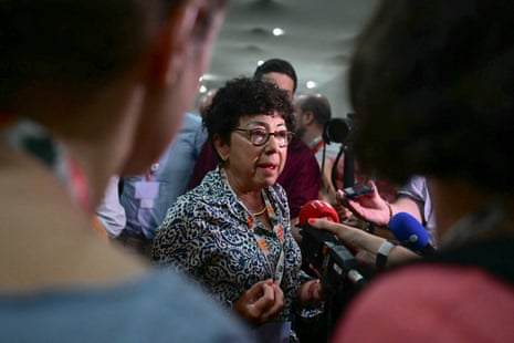 France’s ecological transition minister speaks with reporters at Cop30
