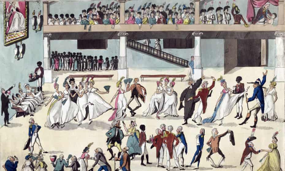 A contemporary rendition of British colonists served by African slaves at a ball in Spanish Town, Jamaica, between 1800-1809.