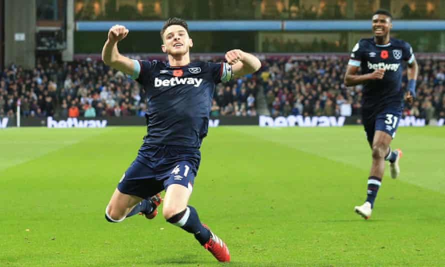Declan Rice celebrates after scoring West Ham’s second goal four minutes after Ollie Watkins had equalised.