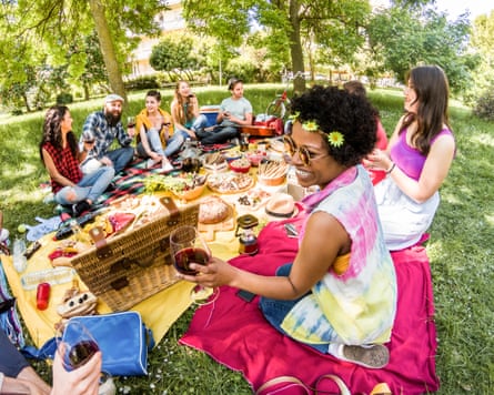 Young people having fun, eating and drinking wine in a park.