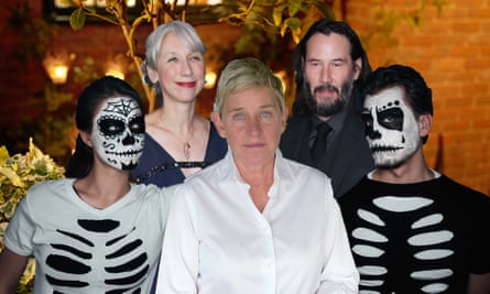 Composite of celebrities and halloween costumes, including Ellen and Keanu Reeves