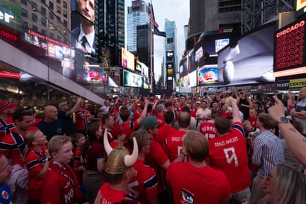 Norwegian supporters gather in Times Square