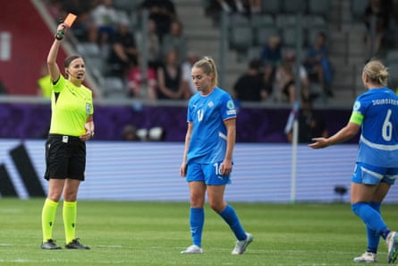 Hildur Antonsdottir is shown a red card by Katalin Kulcsar