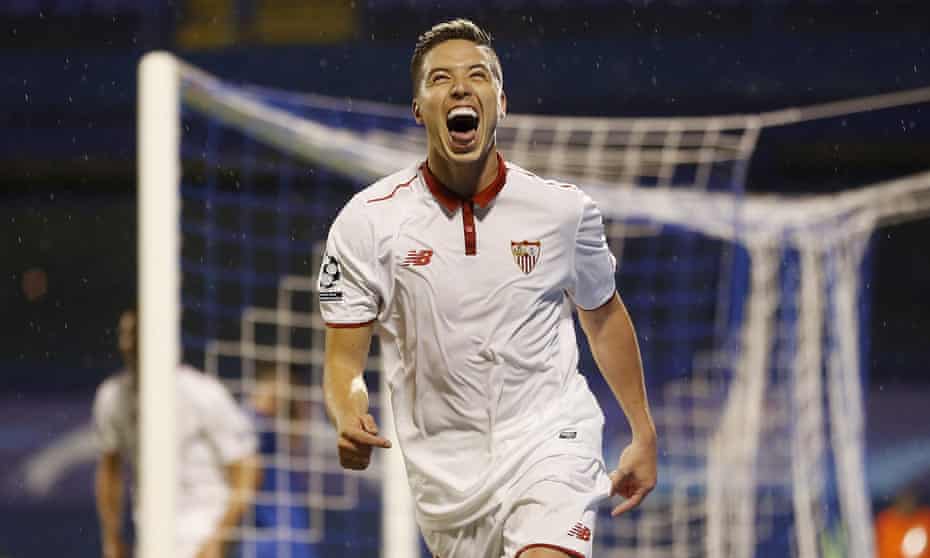 Samir Nasri celebrates scoring Sevilla’s winner in the Champions League game at Dinamo Zagreb in October when he set a competition record of 145 passes in one game