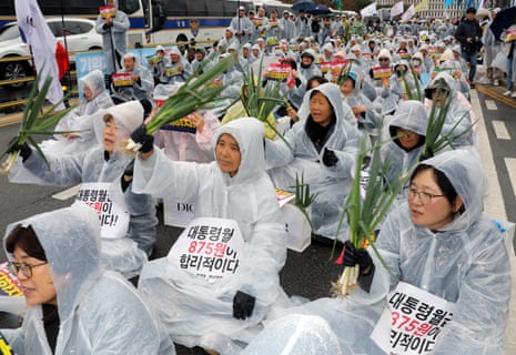 South Korean farmers wave green onions with a sign reading "The president's monthly salary of 875 won is appropriate!" during a rally outside the government complex in Sejong. 
