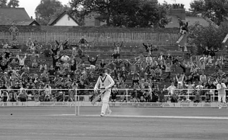 Ray Bright of Australia is bowled by Bob Willis of England.