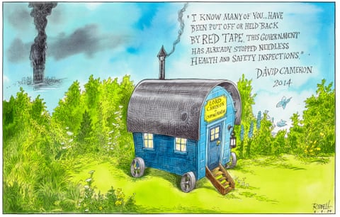 Cartoon of David Cameron's bucolic shepherd's hut with Grenfell Tower burning in the background. The caption reads: 'I know many of you… have been put off or held back by red tape. This government has already stopped needless health and safety inspections.'