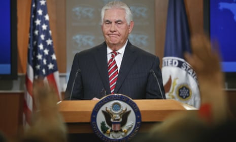 Rex Tillerson takes questions from members of the media while speaking at the state department in Washington Tuesday.