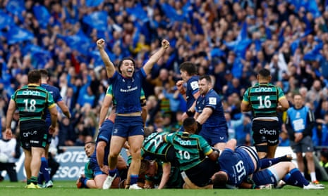 James Lowe celebrates after the Champions Cup semi-final match between Leinster and Northampton at Croke Park in Dublin, Ireland