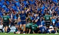 James Lowe celebrates after the Champions Cup semi-final match between Leinster and Northampton at Croke Park in Dublin, Ireland