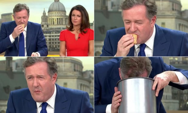 Piers Morgan tries a vegan sausage roll on ITV’s Good Morning Britain.