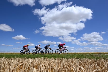 Lenny Martinez, Kasper Asgreen, Jonas Abrahamsen and Thomas Gachignard compete in a breakaway on stage four.