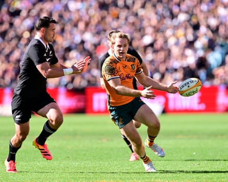 Max Jorgensen passes the ball for the Wallabies in the Bledisloe Cup Test against the All Blacks