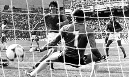 Paolo Rossi completes his hat-trick goal in Italy’s 3-2 win over Brazil at the 1982 World Cup in Spain.