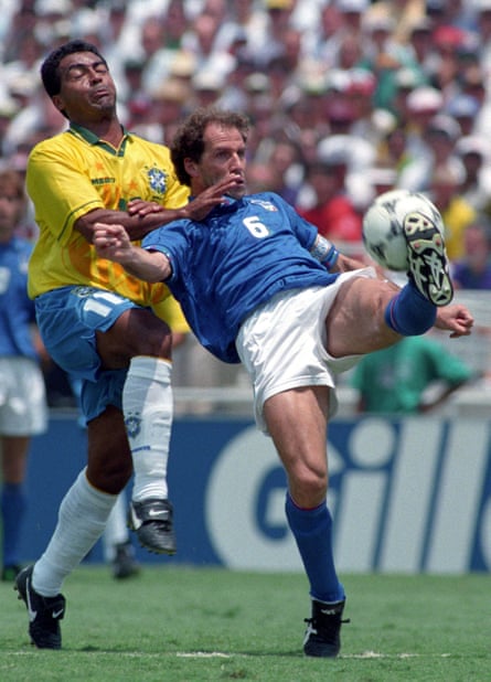 Franco Baresi keeps the ball away from Brazil’s Romario during the 1994 World Cup final.