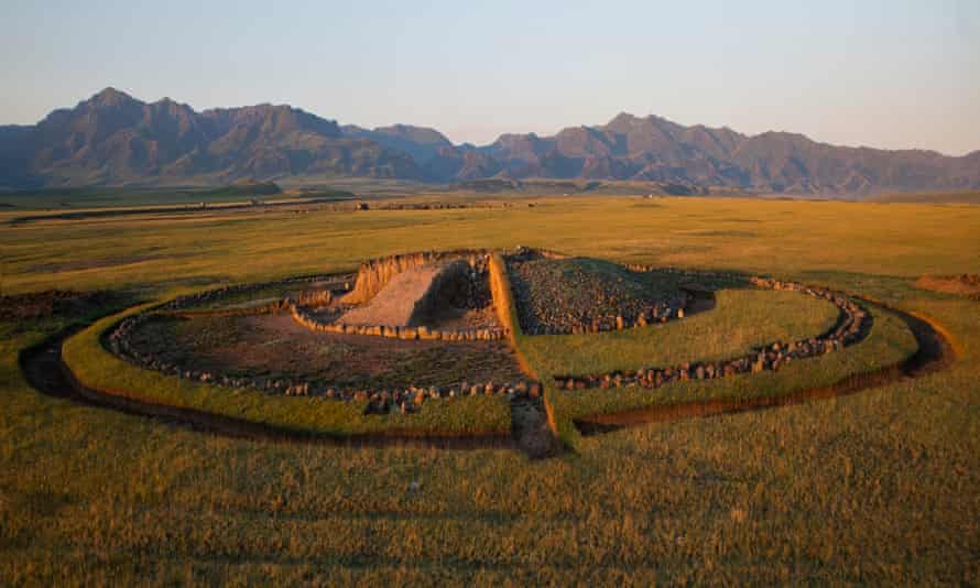 One of the burial mounds built by Saka warrior people in Kazakhstan where a collection of golden artefacts were unearthed