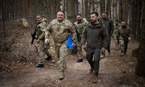 Volodymyr Zelenskiy inspects new fortifications for Ukrainian soldiers in the Sumy region on 27 March.