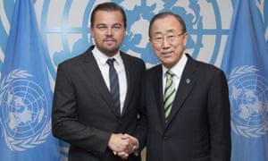 UN secretary-general Ban Ki-moon and actor Leonardo DiCaprio at the UN in New York on 22 April 2016