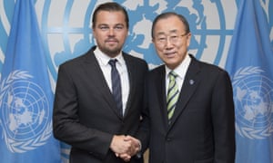 UN secretary-general Ban Ki-moon and actor Leonardo DiCaprio at the UN in New York on 22 April 2016