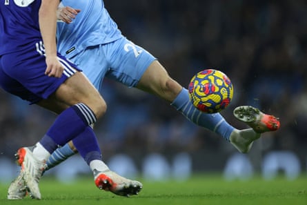 Manchester City’s Bernardo Silva’s boot comes off against Leeds in a game City won 7-0.